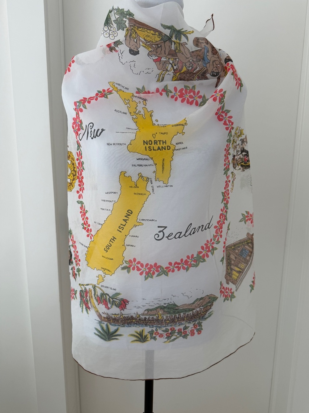 VINTAGE Dandy New Zealand Souvenir Scarf Square Sheer Nylon Hand Printed 60's